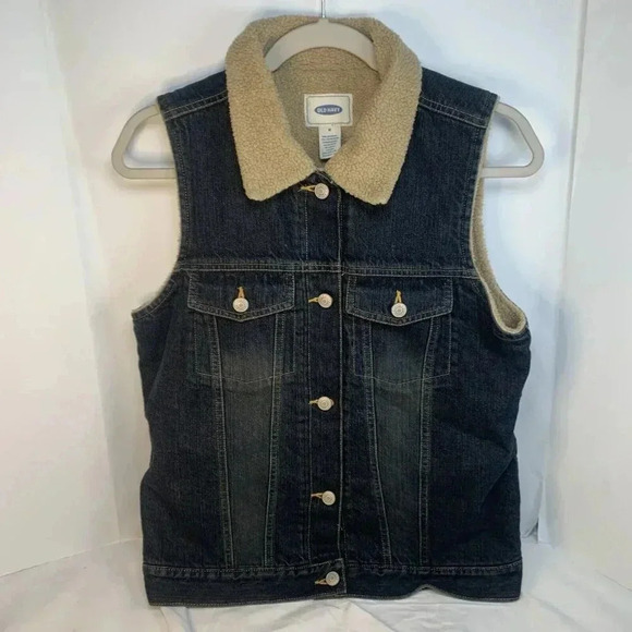 Vintage Old Navy Blue Jean Denim Sherpa Lined Vest M Medium Y2K 2000s bohocore - Picture 4 of 6